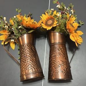 EUC Set of 2 Bronze Embossed pitchers with 5 Faux sunflowers & 3 faux florals